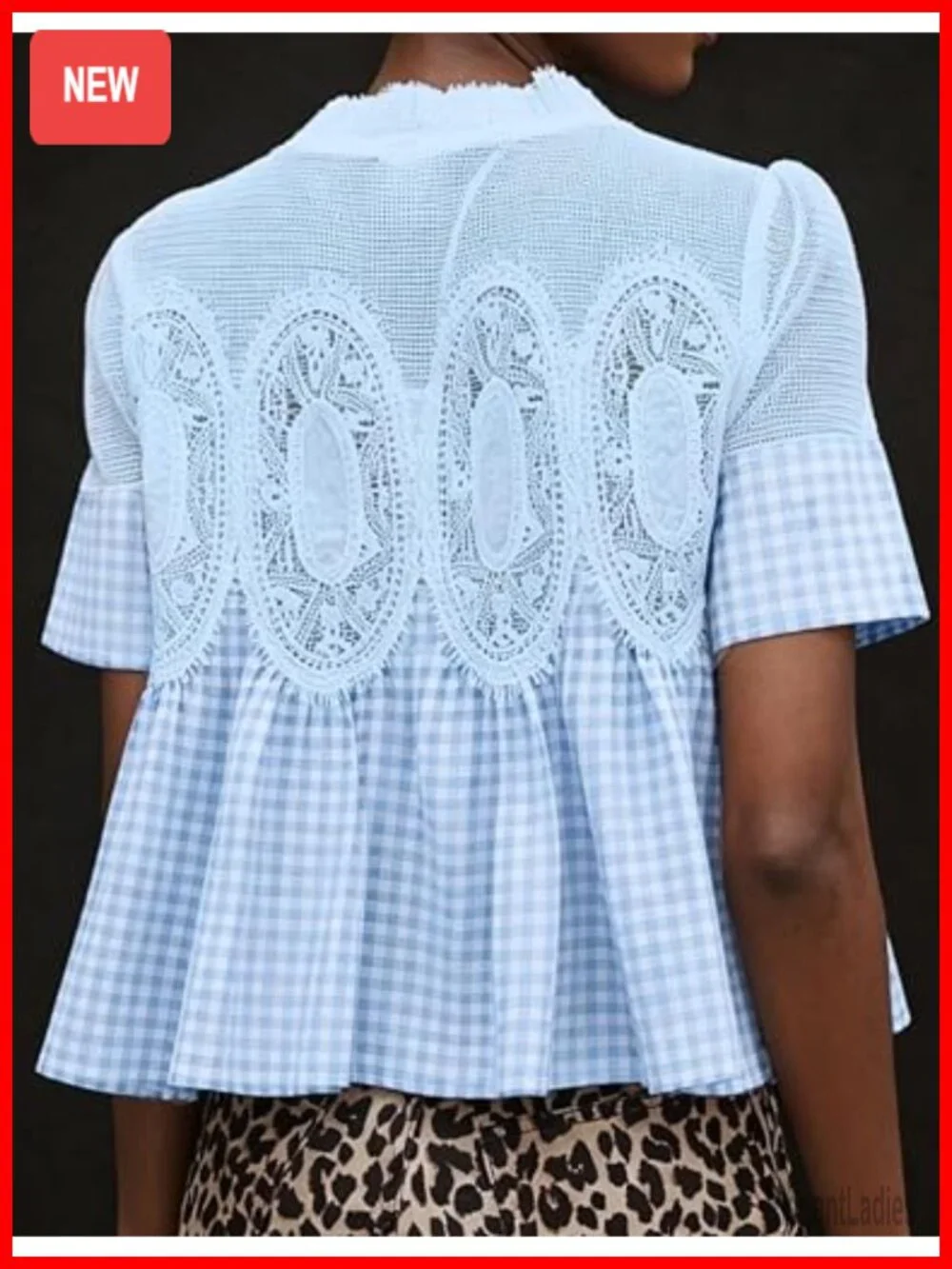 Plaid Lace Short Sleeve Blouse Poplin Mesh Crew Neck Swing Babydoll Top
